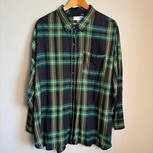 Old Navy Womens 2X Windowpane‎ Plaid Boyfriend Flannel Shirt Green Oversized